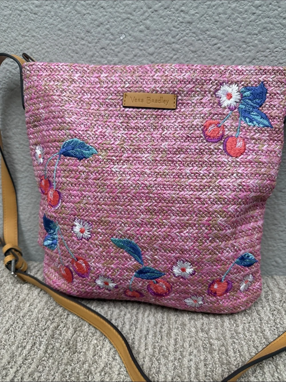 Vera Bradley Pink Woven Crossbody with Cherry Embroidery